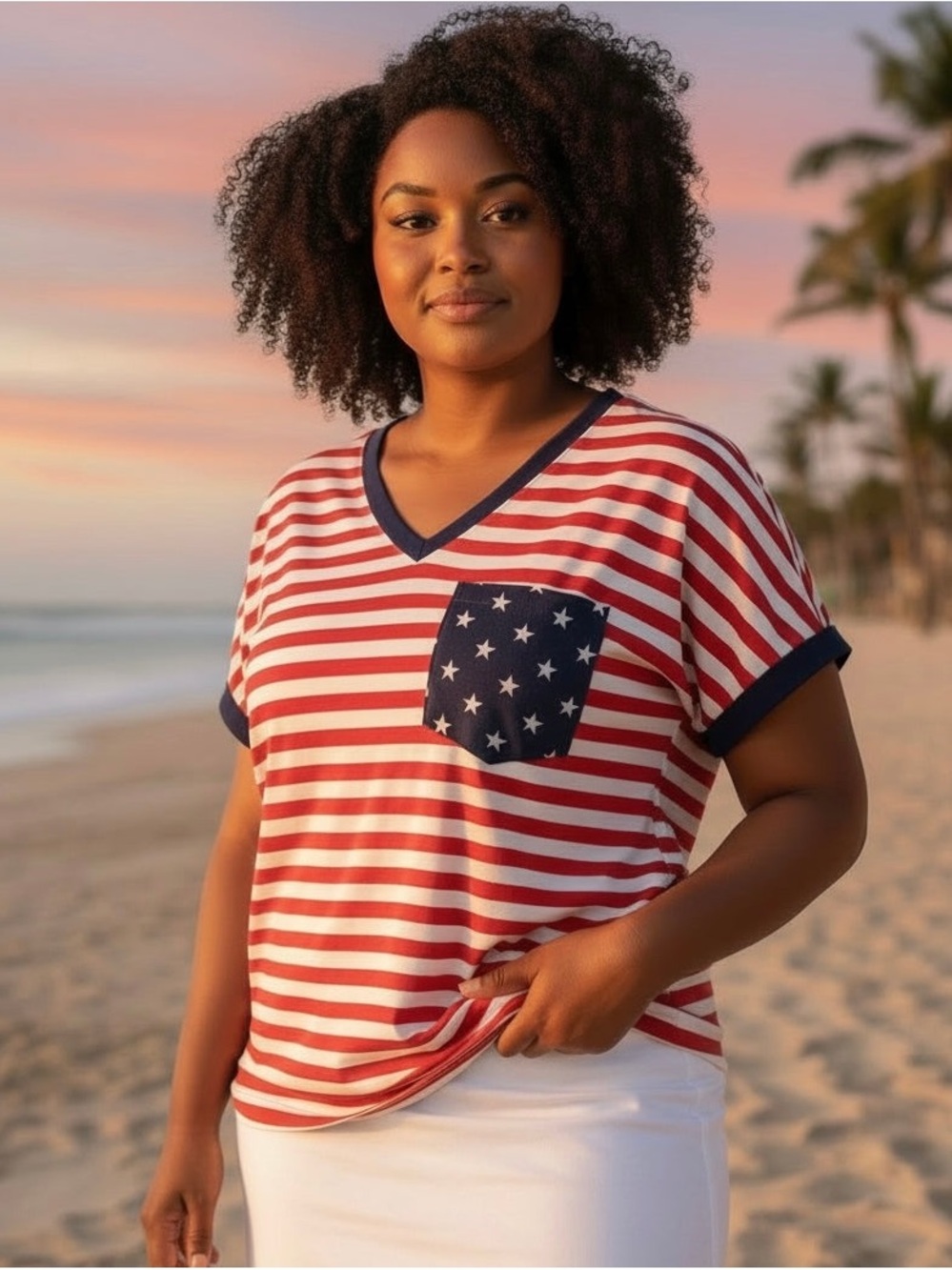 NEW Striped V-Neck Tee with Star Pocket - Red, White & Blue - Picture 2 of 3